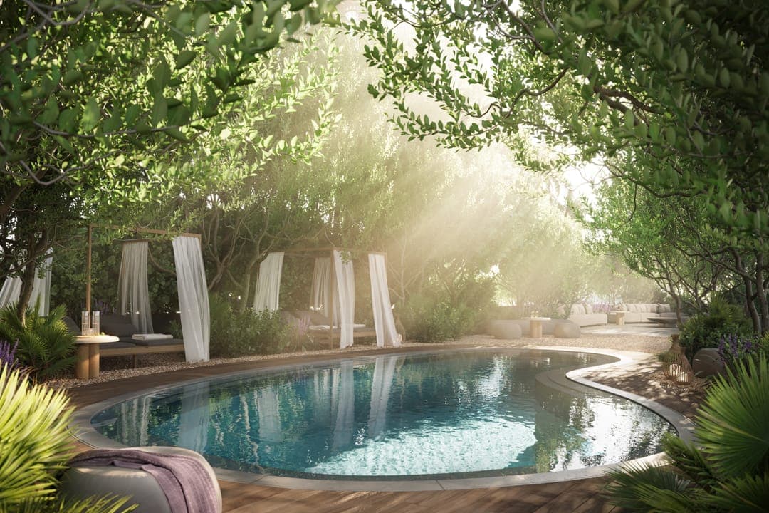 The 9th floor jacuzzi terrace, shaded by tree canopy