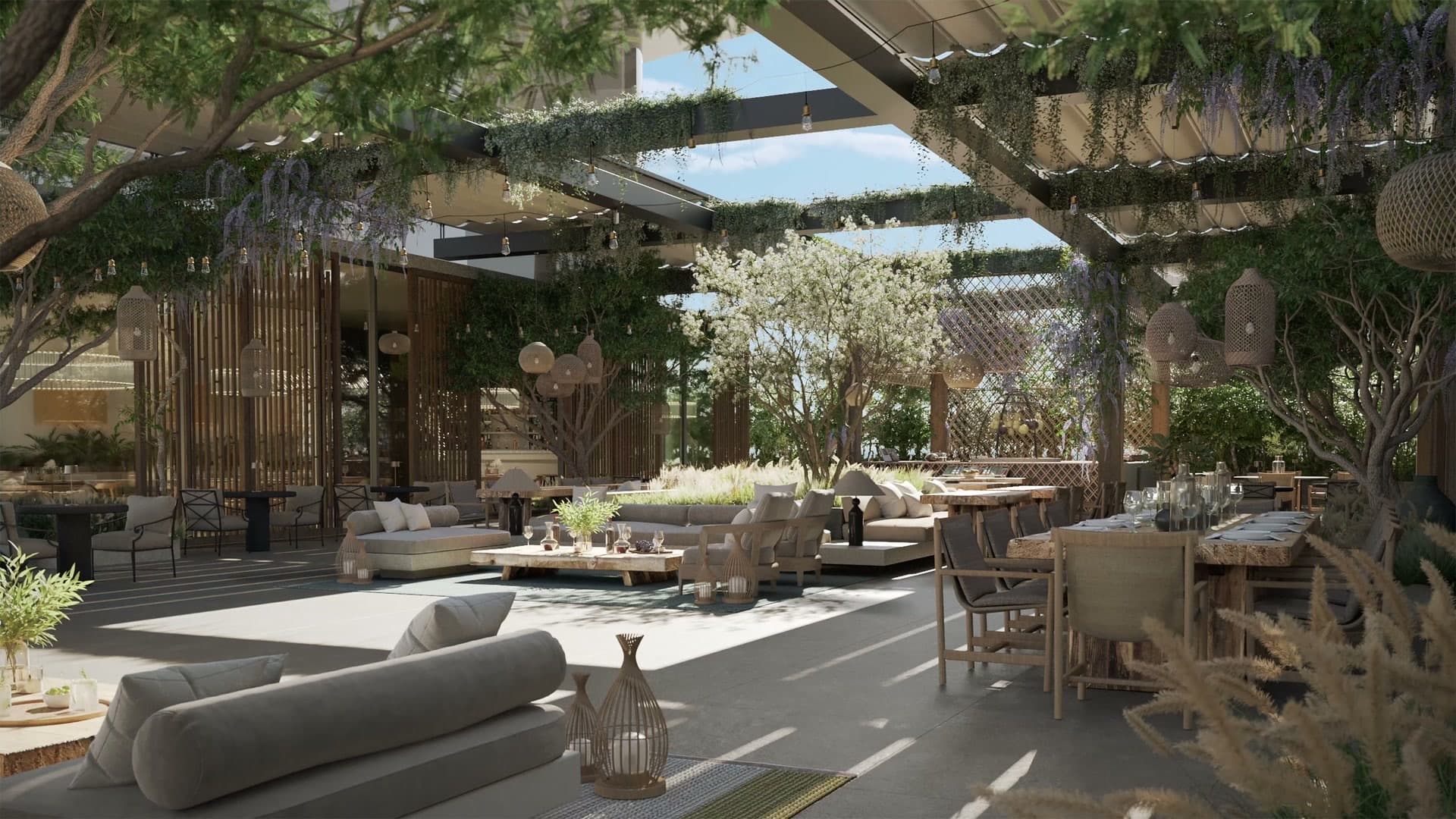 Fuoco's exterior dining terrace at dusk