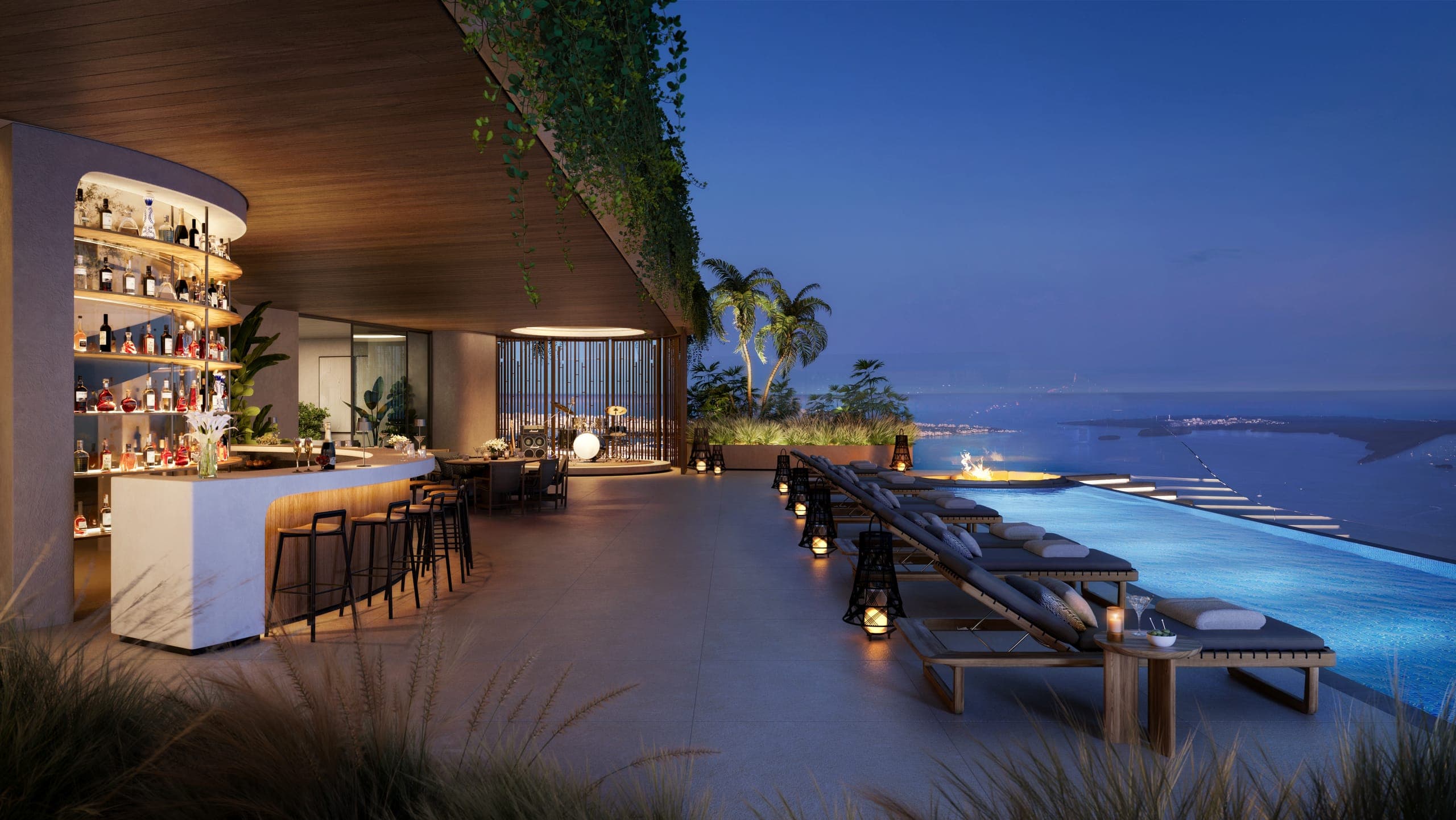 The Vento rooftop pool at blue hour