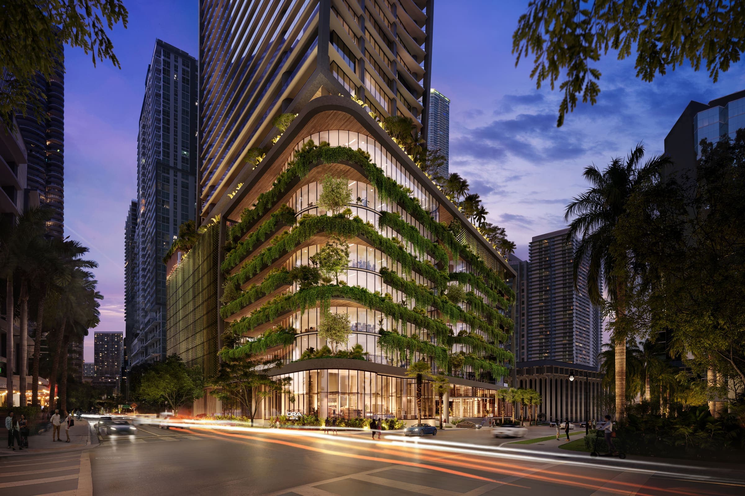 ORA by Casa Tua at the Brickell corner at dusk — artist's conceptual rendering