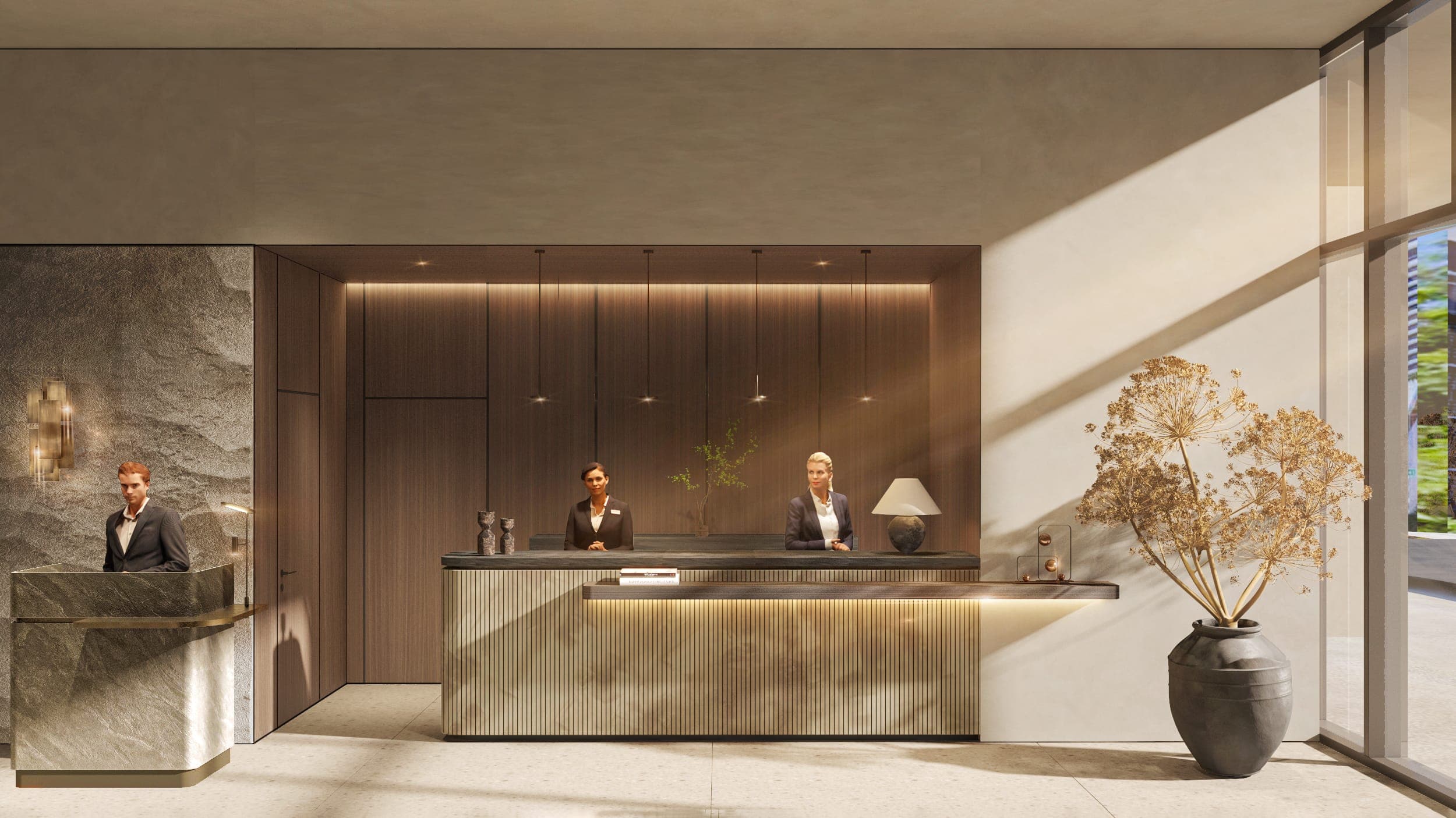 Hosted arrival — lobby welcome, artist's conceptual rendering
