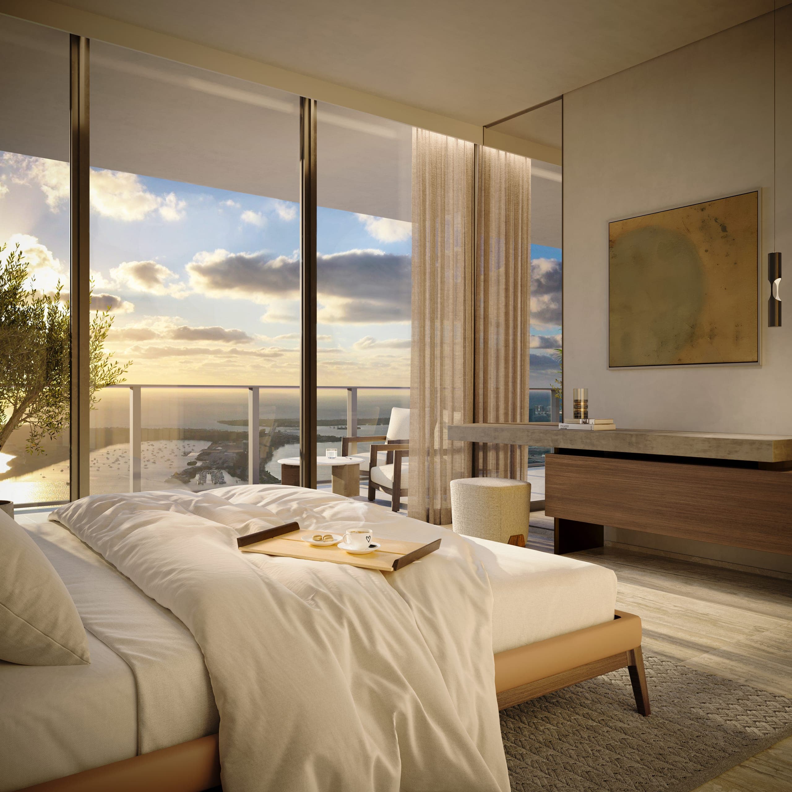 Bedroom with ten-foot ceilings and floor-to-ceiling glass — artist's conceptual rendering