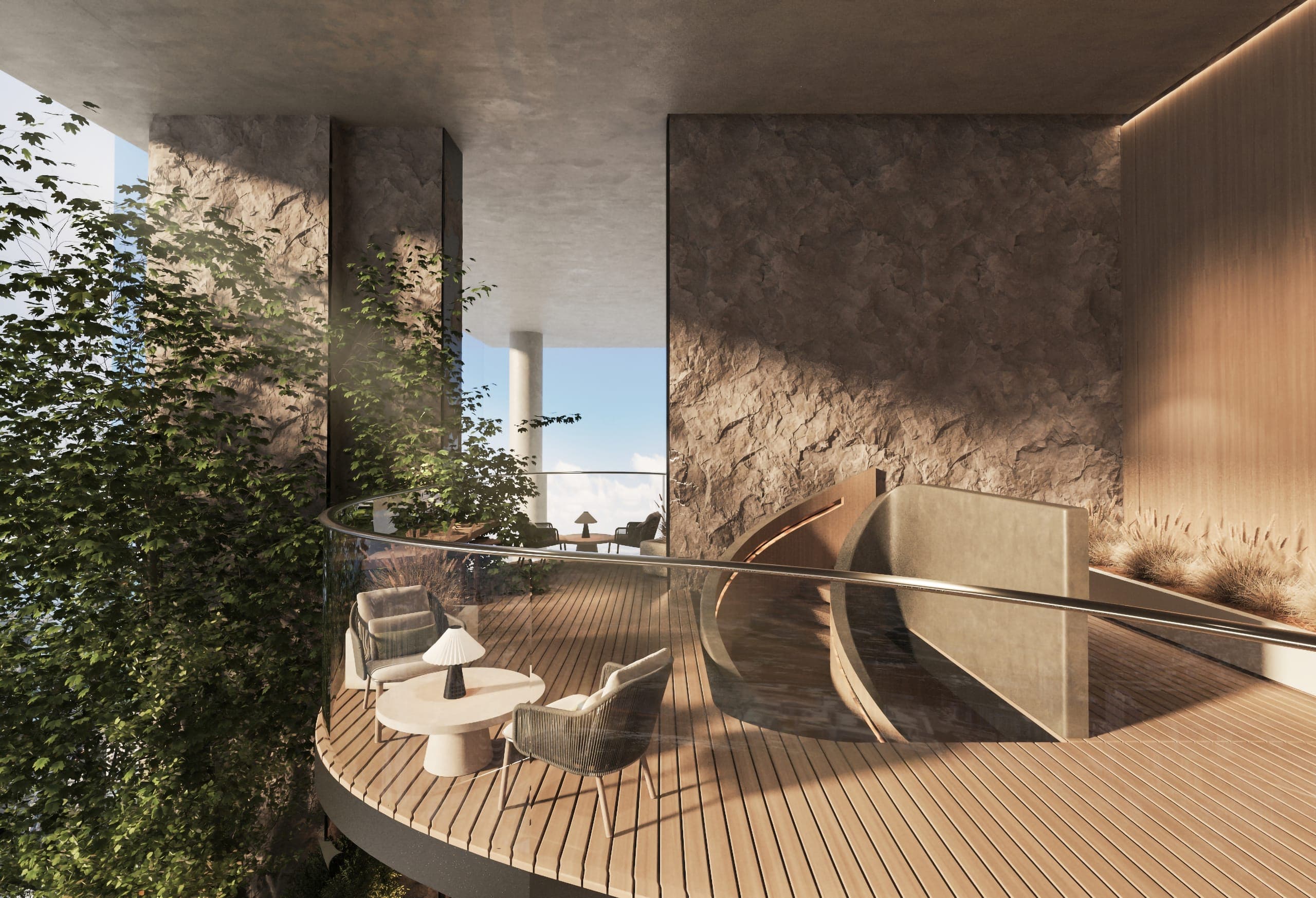 Bosco's mezzanine, glass railing over the sky park